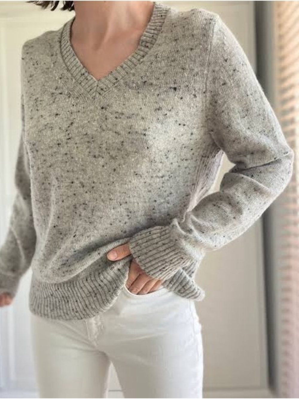 Speckled V-Neck Sweater in Light Gray